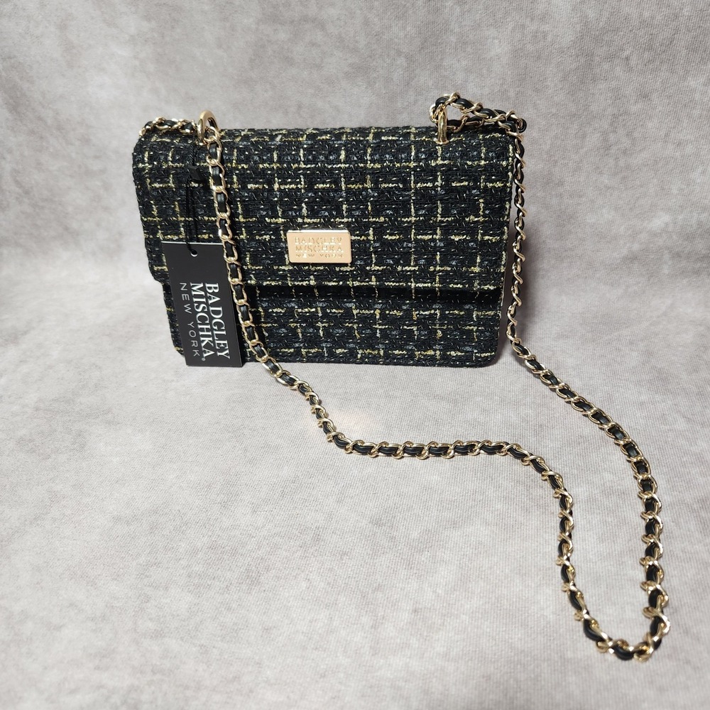BADGLEY MISHCKA New York Black/Gold Tara Tweed‎ purse bag square NEW
